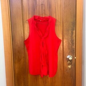 New York & Company Fire Engine Red Sleeveless Tie Front Ruffle Neck Blouse (M)